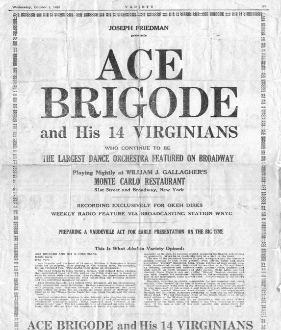 Ace Brigode - Variety October 1st, 1924