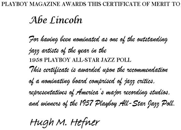 Playboy Jazz Poll Nomination Certificate 1958